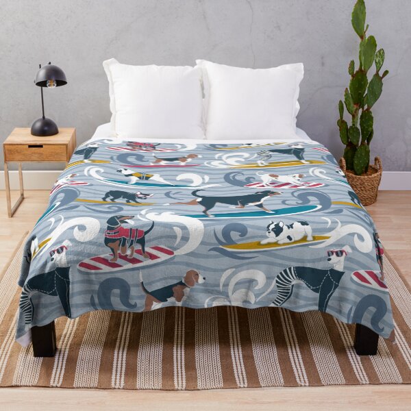Item preview, Happy dogs catching waves // pastel blue background darker blue waves brown white and blue doggies yellow red and turquoise surf and bodyboards designed and sold by SelmaCardoso.