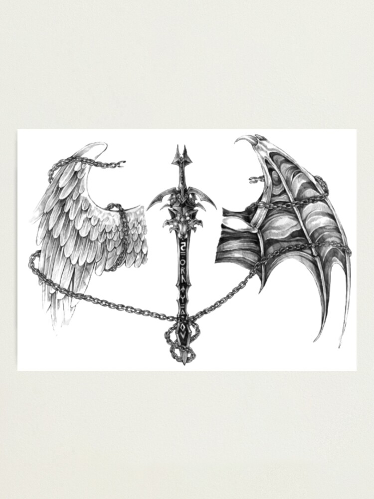 Black angel and devil wings heart isolated tattoo Vector Image