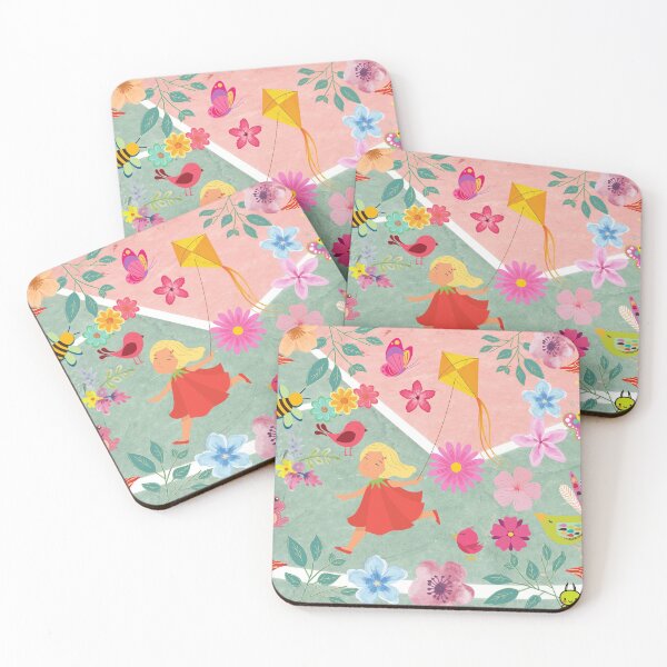 Item preview, girl flying a kite in flowers and animals pattern designed and sold by Art by Marilynn Methven.