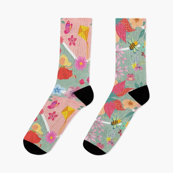 Item preview, girl flying a kite in flowers and animals pattern designed and sold by Art by Marilynn Methven.