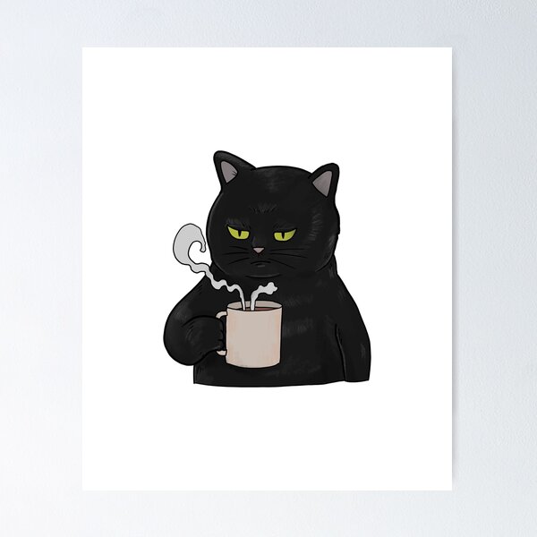 Black grumpy coffee drinking cat Mixed Media by Norman W - Fine Art America