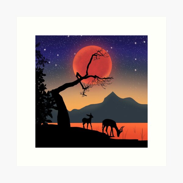 Item preview, Sunset Red Moon Landscape Art Print designed and sold by lovelytaylor.