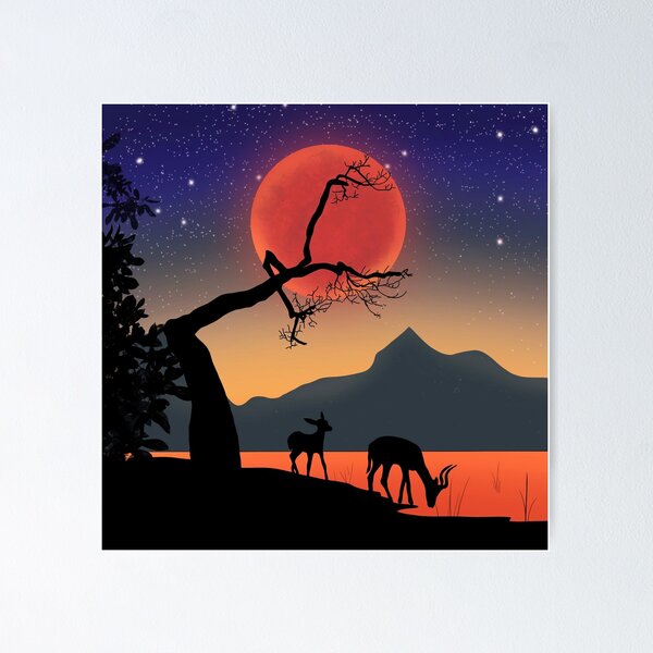 Item preview, Sunset Red Moon Landscape Lake Poster designed and sold by lovelytaylor.