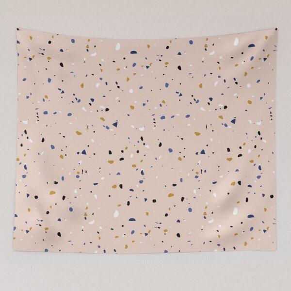 Item preview, TERRAZZO TILE PRINT Blue Gold, Black White on a creamy tan background.  designed and sold by Mizjean.