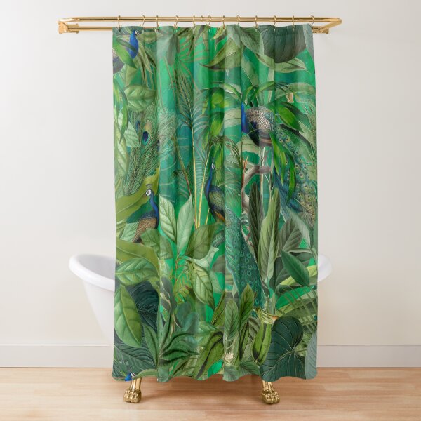 Peacocks Green  Paradise Vintage Botanical Jungle Illustration Shower Curtain