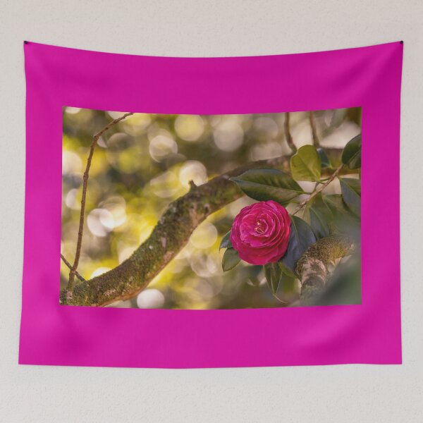 Item preview, Pink camellia flower, with branches and leaves in the background. designed and sold by AylaHarbich.
