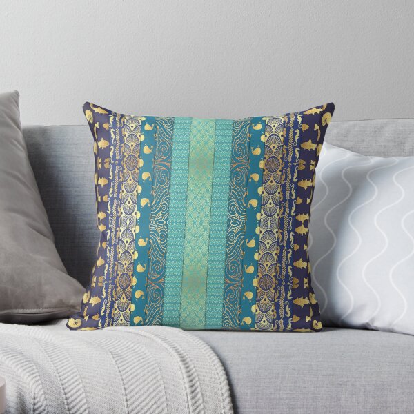 Pattern, Floral, Stripes, Geometric, Turquoise/Gold Throw Pillow