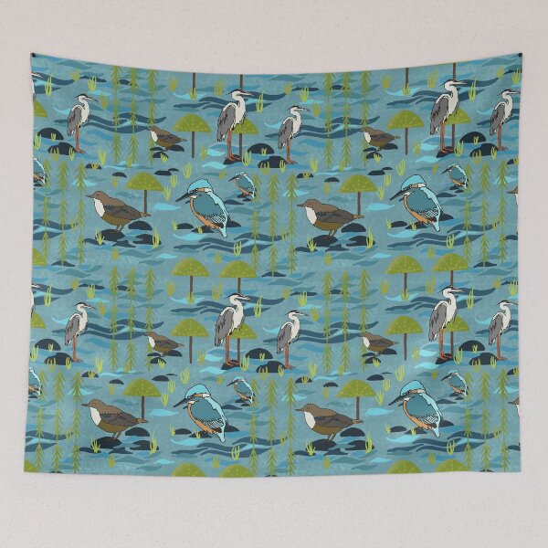 Item preview, Riverside birds kingfisher, heron and dipper.   View from my window. designed and sold by sueshormanart.