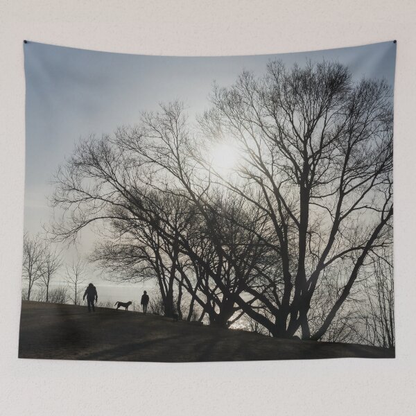 Item preview, Lakeside Dog Walk - Silhouetted Couple and a Pooch in a Park designed and sold by Georgia Mizuleva.