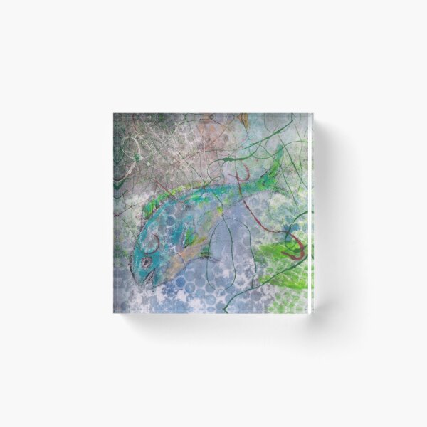 Item preview, Fish in water, blue fish, red fish, dark water, green, blue bubbles, net, ,  designed and sold by NessArtByEwa.