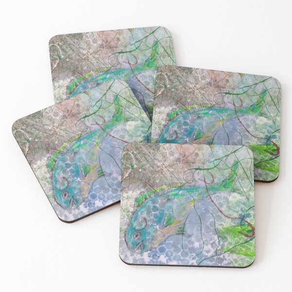 Item preview, Fish in water, blue fish, red fish, dark water, green, blue bubbles, net, ,  designed and sold by NessArtByEwa.