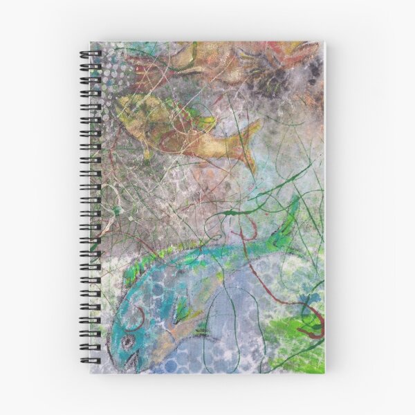 Item preview, Fish in water, blue fish, red fish, dark water, green, blue bubbles, net, ,  designed and sold by NessArtByEwa.