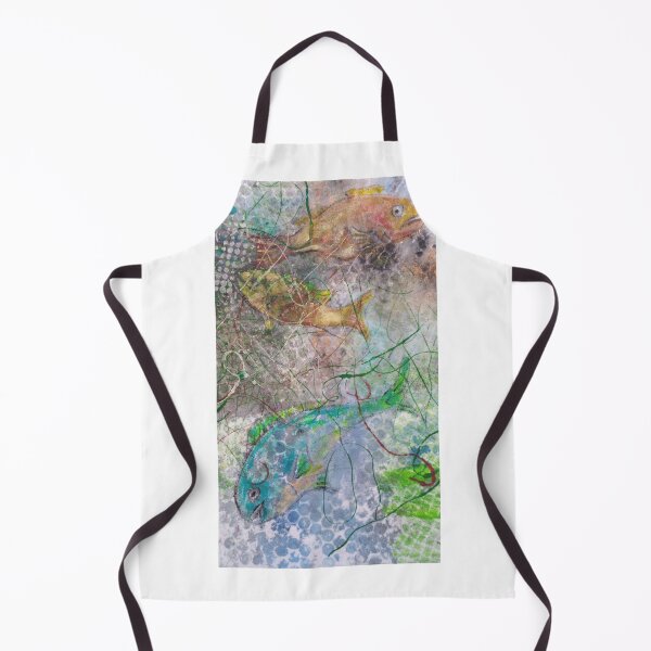 Item preview, Fish in water, blue fish, red fish, dark water, green, blue bubbles, net, ,  designed and sold by NessArtByEwa.