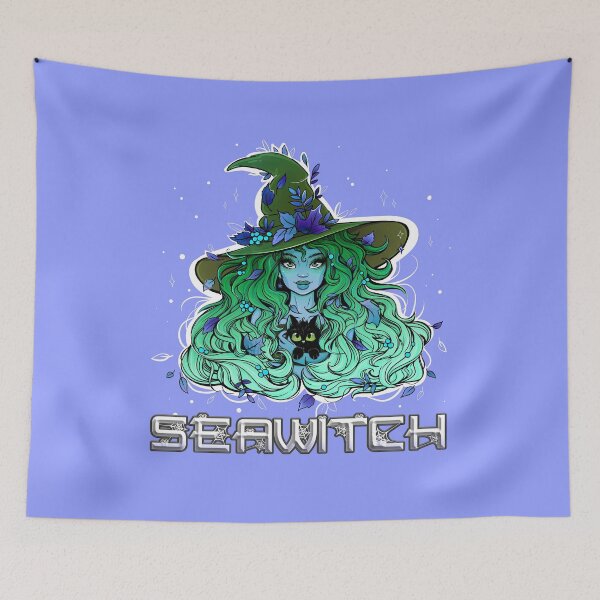 Item preview, Seawitch with long hair and a kitten in green blue designed and sold by NoMatterLab.