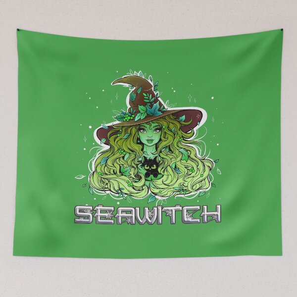 Item preview, Seawitch with long hair and a kitten in green designed and sold by NoMatterLab.