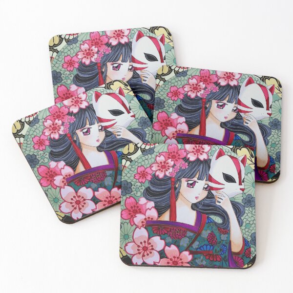 Item preview, japanese girl with kitsune mask, manga style girl designed and sold by Petitelulu.