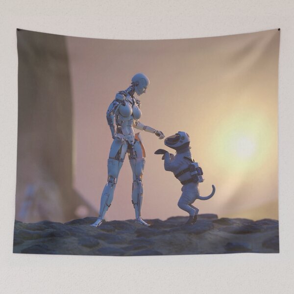 Item preview, a robot playing with a dog on the surface of Mars  designed and sold by Mike Kiev art.