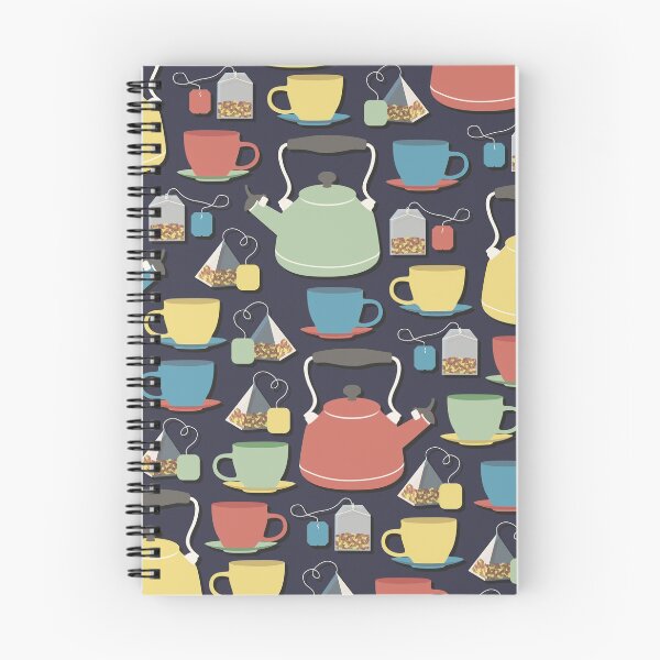Item preview, Colorful tea set pattern of a kettle, tea cups, and tea bags in green, yellow, red and blue with dark blue background designed and sold by CiniArt.