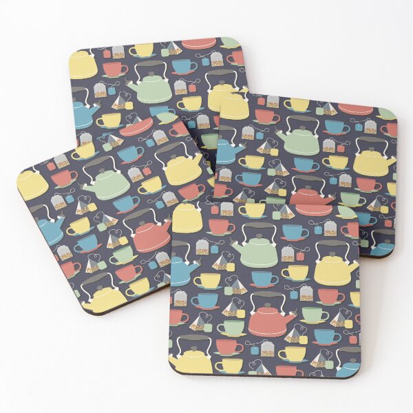 Item preview, Colorful tea set pattern of a kettle, tea cups, and tea bags in green, yellow, red and blue with dark blue background designed and sold by CiniArt.