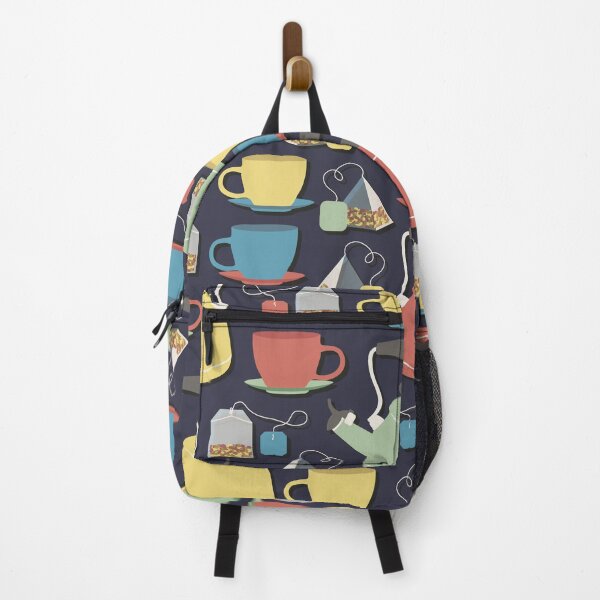 Item preview, Colorful tea set pattern of a kettle, tea cups, and tea bags in green, yellow, red and blue with dark blue background designed and sold by CiniArt.