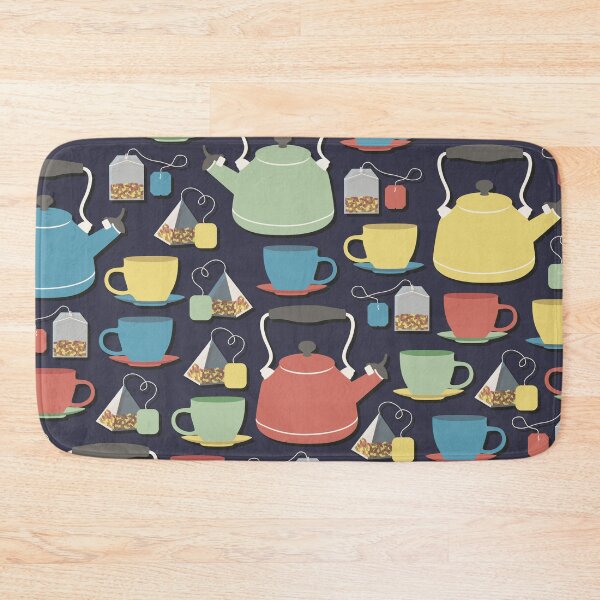 Item preview, Colorful tea set pattern of a kettle, tea cups, and tea bags in green, yellow, red and blue with dark blue background designed and sold by CiniArt.