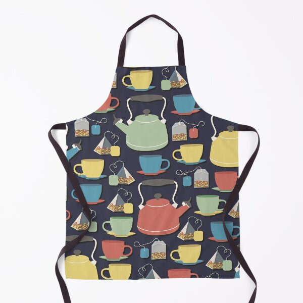 Item preview, Colorful tea set pattern of a kettle, tea cups, and tea bags in green, yellow, red and blue with dark blue background designed and sold by CiniArt.