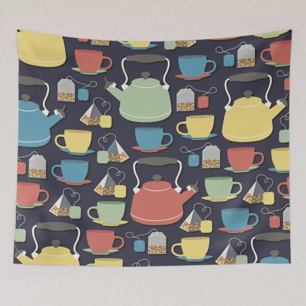 Item preview, Colorful tea set pattern of a kettle, tea cups, and tea bags in green, yellow, red and blue with dark blue background designed and sold by CiniArt.