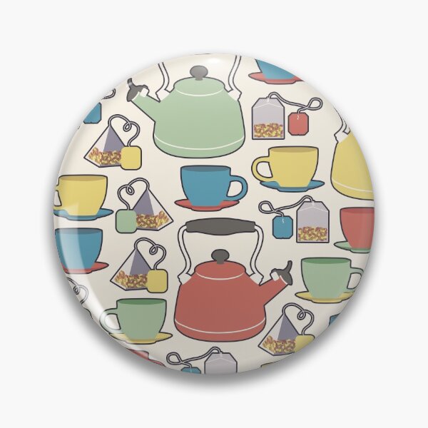 Item preview, Colorful tea set pattern of a kettle, tea cups, and tea bags in green, yellow, red and blue with white background designed and sold by CiniArt.