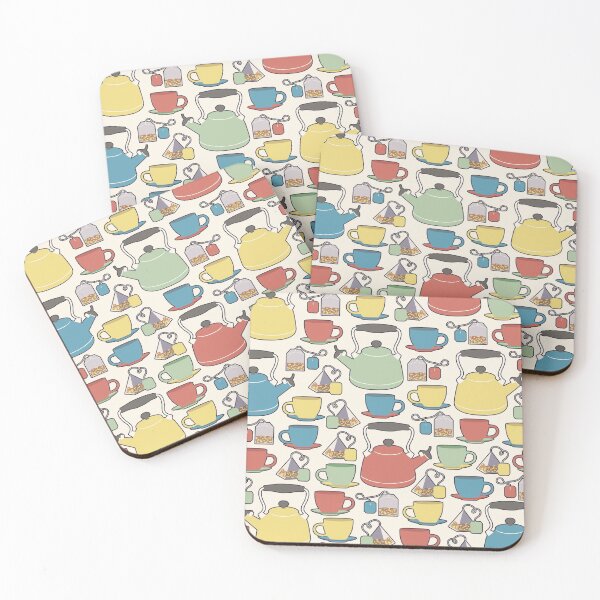 Item preview, Colorful tea set pattern of a kettle, tea cups, and tea bags in green, yellow, red and blue with white background designed and sold by CiniArt.