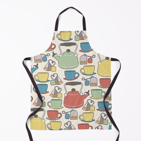 Item preview, Colorful tea set pattern of a kettle, tea cups, and tea bags in green, yellow, red and blue with white background designed and sold by CiniArt.