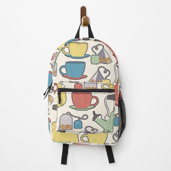 Item preview, Colorful tea set pattern of a kettle, tea cups, and tea bags in green, yellow, red and blue with white background designed and sold by CiniArt.