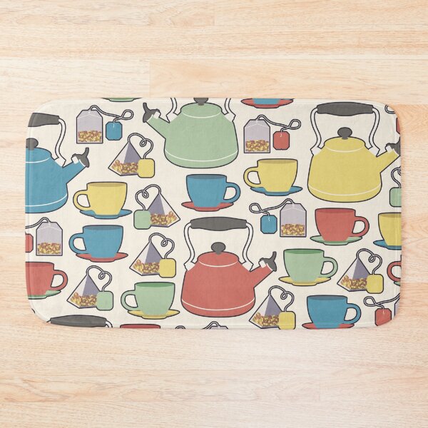 Item preview, Colorful tea set pattern of a kettle, tea cups, and tea bags in green, yellow, red and blue with white background designed and sold by CiniArt.