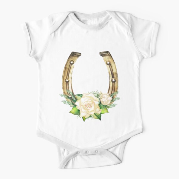 Watercolor horseshoes in golden color with white roses design Short Sleeve Baby One-Piece