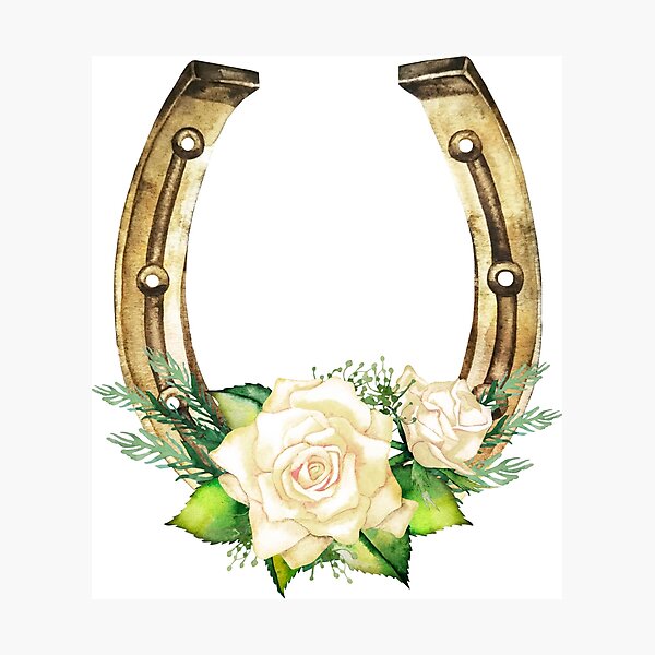 Watercolor horseshoes in golden color with white roses design Photographic Print