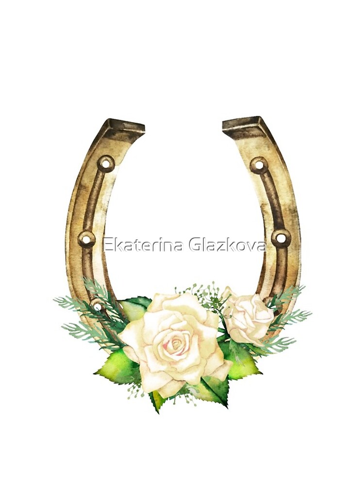 Watercolor horseshoes in golden color with white roses design by Glazkova