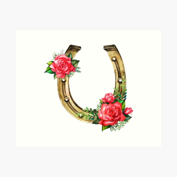 Watercolor horseshoes in golden color with red roses design Art Print