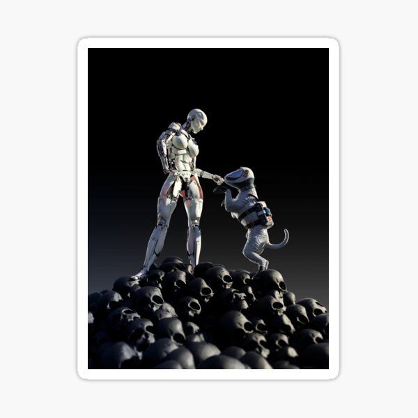 Item preview, robot and dog stands on a pile of skulls  designed and sold by Mike Kiev art.