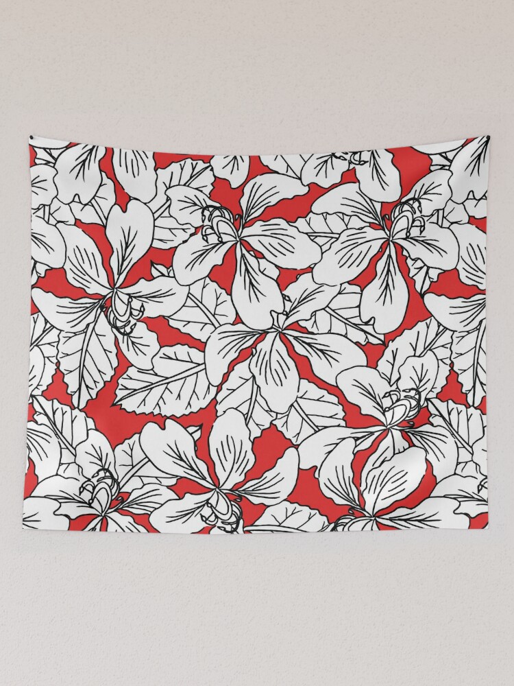 Red and white flower seamless pattern on black background for