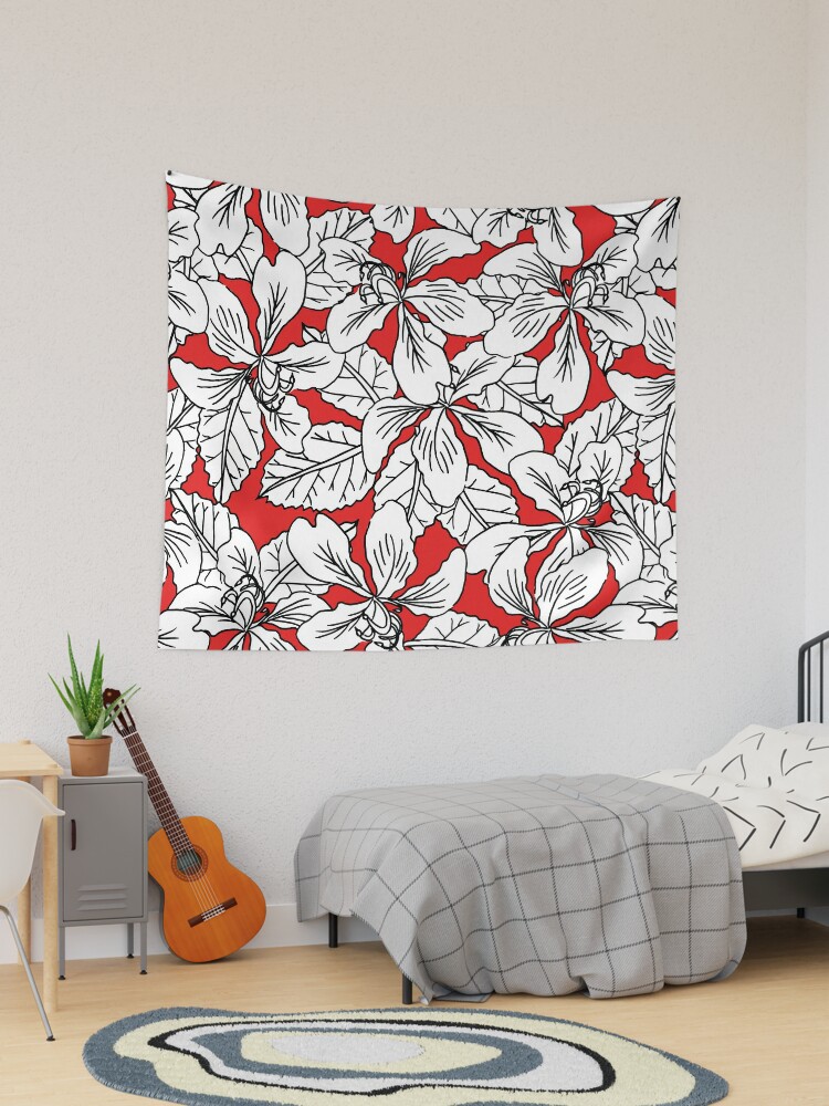Red and white flower seamless pattern on black background for