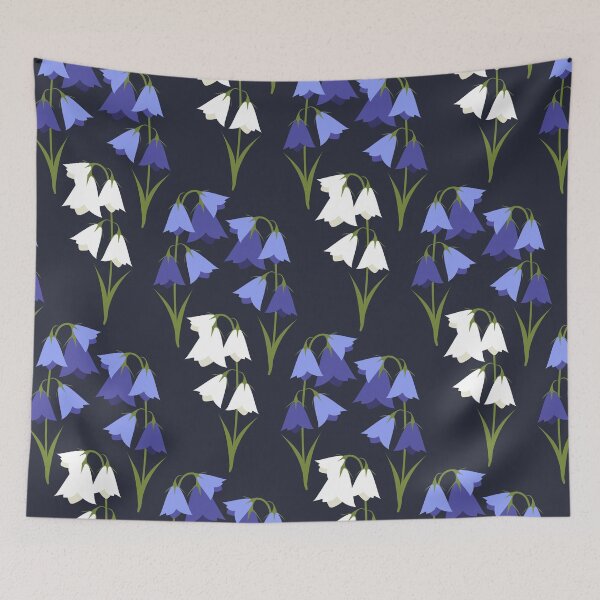 Item preview, Floral pattern with white  and blue bellflowers on the navy background designed and sold by Victoria Riabov.