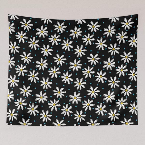 Item preview, Daisies with Blue Dots Pattern on Black designed and sold by brittlouise.