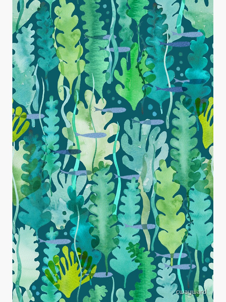 Seaweed and fishes watercolour on green by cwayward