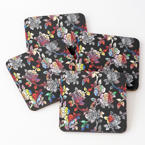 Item preview, abstract colorful floral seamless pattern with black background designed and sold by mahekstudio.