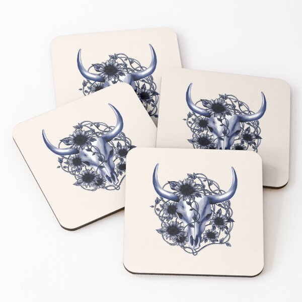 Item preview, Blue Cow Skull and Crown leaves and sunflowers designed and sold by Collagedream.