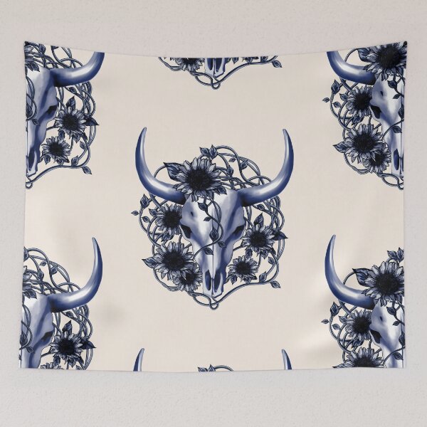 Item preview, Blue Cow Skull and Crown leaves and sunflowers designed and sold by Collagedream.