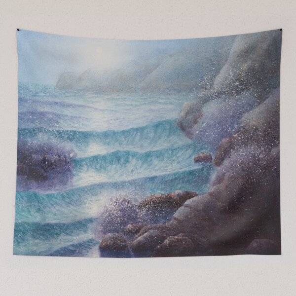 Item preview, Waves rolling onto rocky shore with full moon. Watercolour seascape - designed and sold by Einar Aasen.