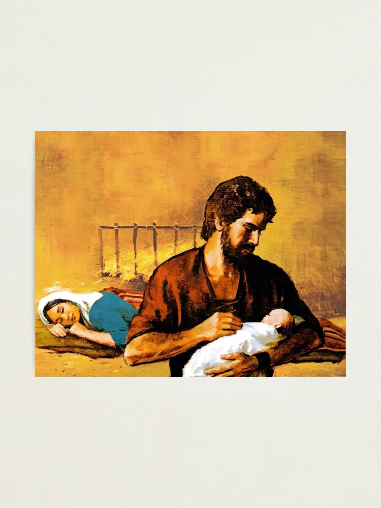 Alternate view of St. Joseph holds baby Jesus while Mary sleeps. Photographic Print