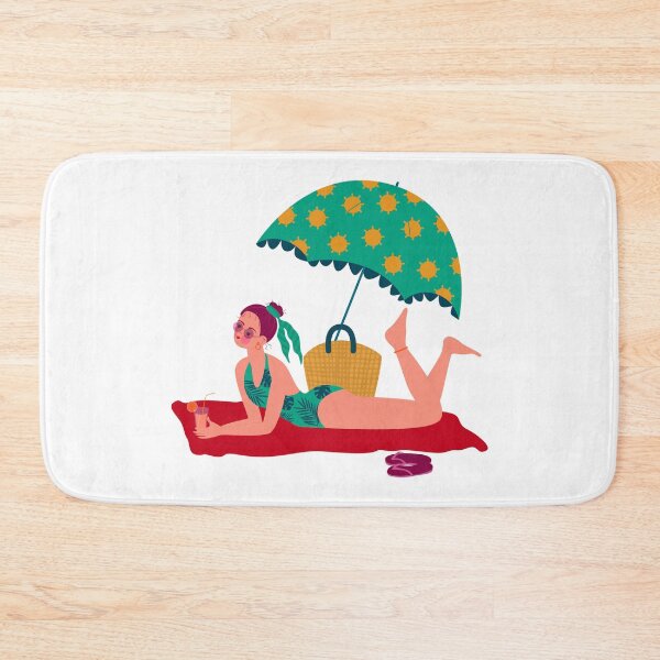 Item preview, Girl in a swimsuit with tropical leaves sunbathes and drinks lemonade under a parasol. Bright summer cartoon illustration of a woman. designed and sold by NatalliaNovik.