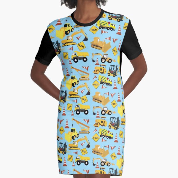 Construction Trucks Vehicles Pattern - Excavator, Dump Truck, Backhoe and more. Graphic T-Shirt Dress