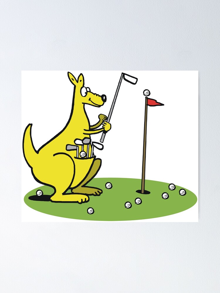 Funny cartoon kangaroo playing golf on putting green. Funny cartoon kangaroo playing golf on putting green.